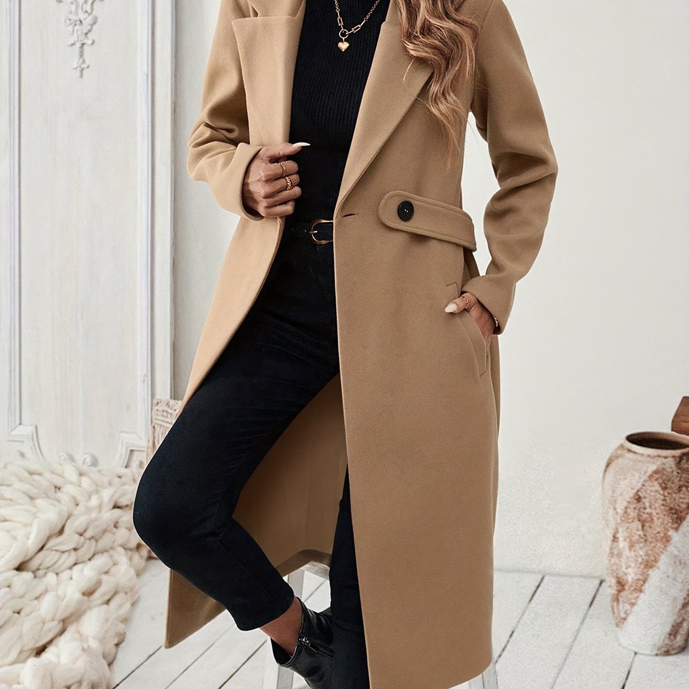 Vrouwen Elegante Lange Zwarte Tweed Jas met Verstelbare Riem - H-Silhouet Asymmetrische Zoom, Machinewasbaar Winter Trenchcoat voor Herfst & Winter, Kantoor tot Avond Veelzijdige Buitenkleding, Notch Revers Ontwerp