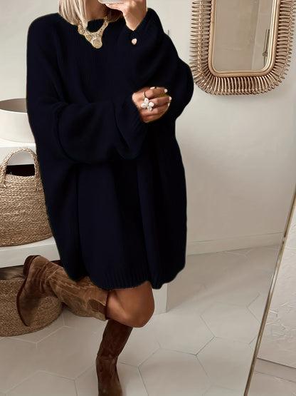 Plus Size, Dames Turquoise Blauwe Oversized Middellange Trui - Elegante Ronde Hals Winterjas Jurkachtige Tuniek, Zachte Warme Sweater Vest voor Casual & Formele Kleding, Handwasbare Herfst- en Winterkleding (Zonder Patroon), Winterjurken voor Vrouwen, Her