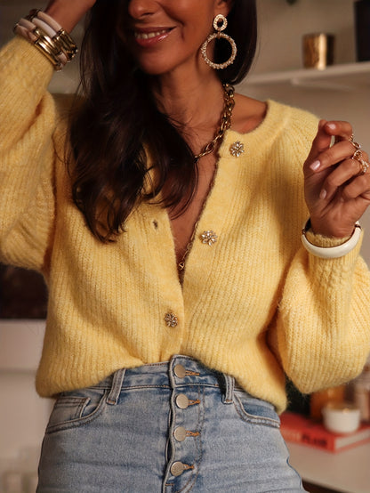 Dames Elegante Beige & Goudkleurig Diamantknoop Blazer Trui Jas - Lange Mouwen Ronde Hals, Hoog Elastisch Seizoenjas voor Casual en Formele Kleding, Wasmachinebestendig (Kantoor, Bruiloft, Feest), Herfstkleding voor Vrouwen, Herfstkleding voor Vrouwen, Da