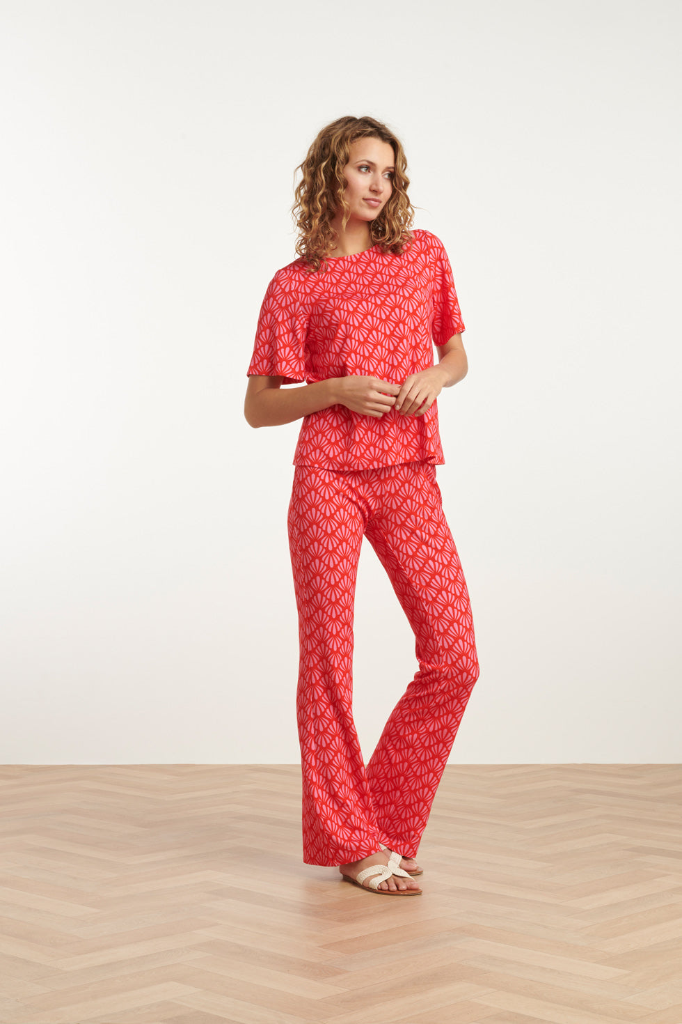 25041 Flared Leggings Met  Schelpenprint | Red - Pink