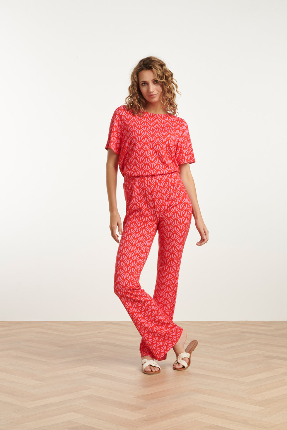 25041 Flared Leggings Met  Schelpenprint | Red - Pink