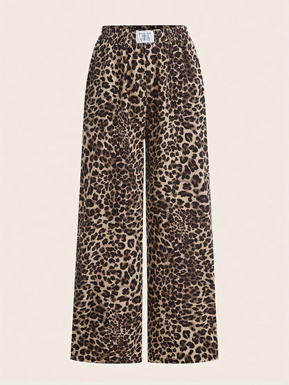 2 paar dames wide leg broeken - Zwart & Luipaardprint broeken, All-Season casual broeken met elastische tailleband, Non-stretch stof voor dagelijkse & formele outfits, veelzijdige kleding, stijlvolle broeken, fashionistas