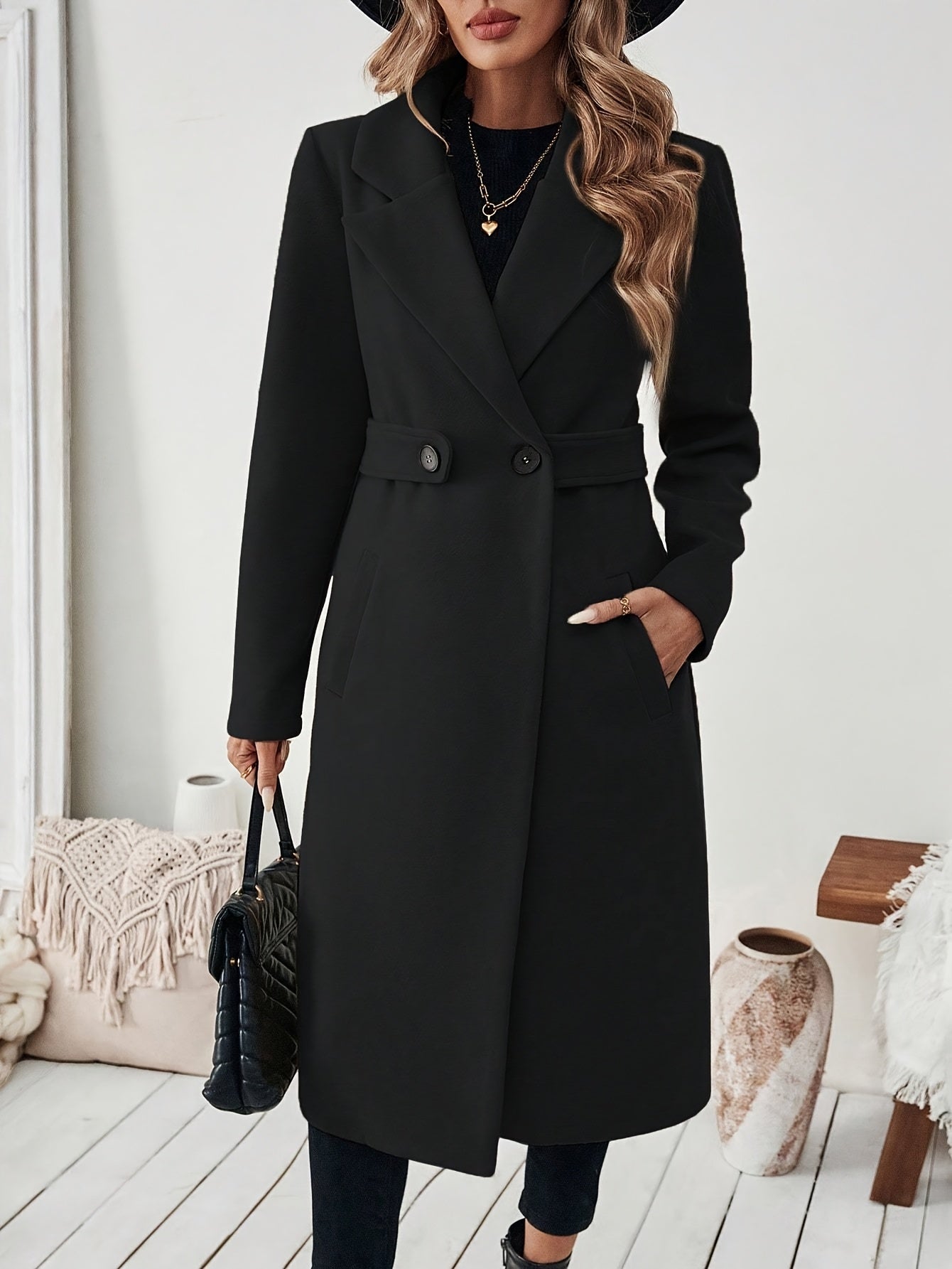 Vrouwen Elegante Lange Zwarte Tweed Jas met Verstelbare Riem - H-Silhouet Asymmetrische Zoom, Machinewasbaar Winter Trenchcoat voor Herfst & Winter, Kantoor tot Avond Veelzijdige Buitenkleding, Notch Revers Ontwerp