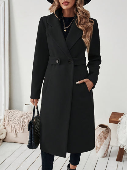 Vrouwen Elegante Lange Zwarte Tweed Jas met Verstelbare Riem - H-Silhouet Asymmetrische Zoom, Machinewasbaar Winter Trenchcoat voor Herfst & Winter, Kantoor tot Avond Veelzijdige Buitenkleding, Notch Revers Ontwerp