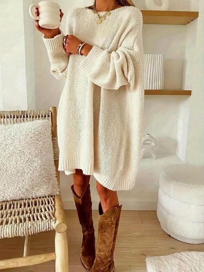 Plus Size, Dames Turquoise Blauwe Oversized Middellange Trui - Elegante Ronde Hals Winterjas Jurkachtige Tuniek, Zachte Warme Sweater Vest voor Casual & Formele Kleding, Handwasbare Herfst- en Winterkleding (Zonder Patroon), Winterjurken voor Vrouwen, Her