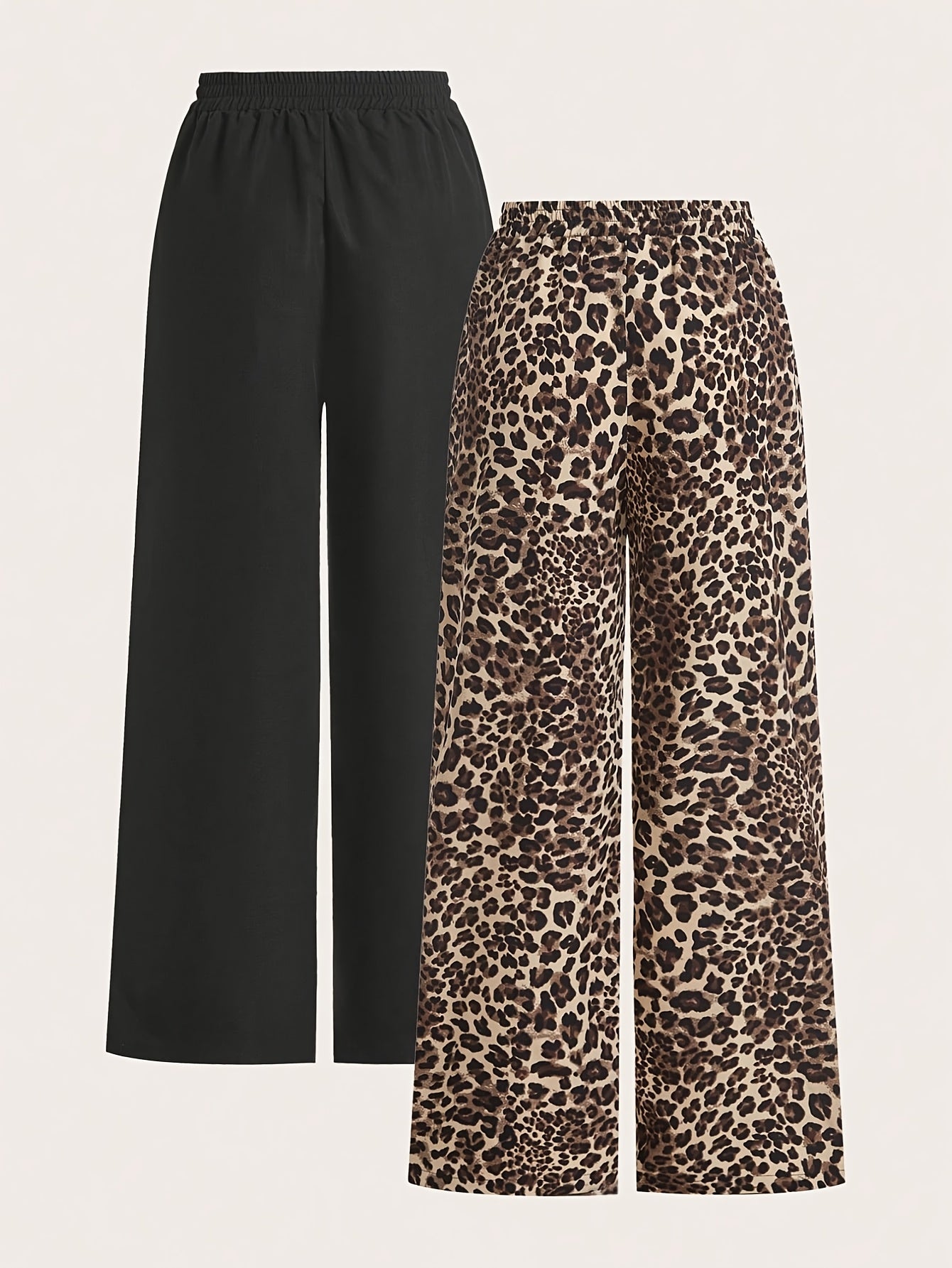 2 paar dames wide leg broeken - Zwart & Luipaardprint broeken, All-Season casual broeken met elastische tailleband, Non-stretch stof voor dagelijkse & formele outfits, veelzijdige kleding, stijlvolle broeken, fashionistas