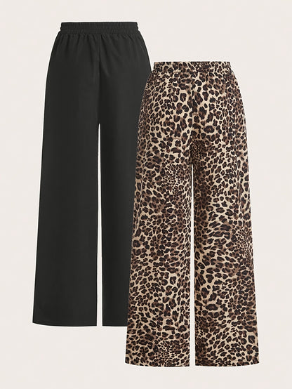 2 paar dames wide leg broeken - Zwart & Luipaardprint broeken, All-Season casual broeken met elastische tailleband, Non-stretch stof voor dagelijkse & formele outfits, veelzijdige kleding, stijlvolle broeken, fashionistas