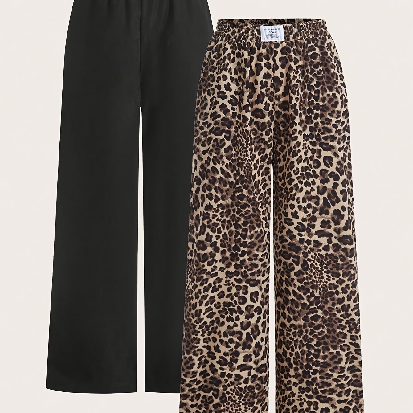 2 paar dames wide leg broeken - Zwart & Luipaardprint broeken, All-Season casual broeken met elastische tailleband, Non-stretch stof voor dagelijkse & formele outfits, veelzijdige kleding, stijlvolle broeken, fashionistas