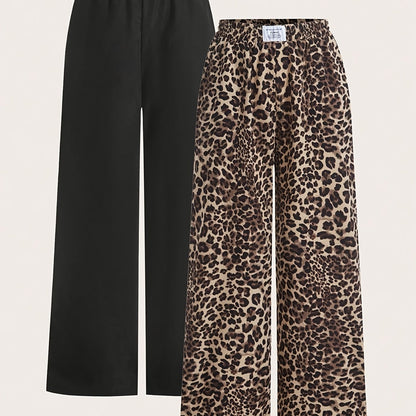 2 paar dames wide leg broeken - Zwart & Luipaardprint broeken, All-Season casual broeken met elastische tailleband, Non-stretch stof voor dagelijkse & formele outfits, veelzijdige kleding, stijlvolle broeken, fashionistas