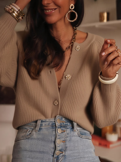 Dames Elegante Beige & Goudkleurig Diamantknoop Blazer Trui Jas - Lange Mouwen Ronde Hals, Hoog Elastisch Seizoenjas voor Casual en Formele Kleding, Wasmachinebestendig (Kantoor, Bruiloft, Feest), Herfstkleding voor Vrouwen, Herfstkleding voor Vrouwen, Da