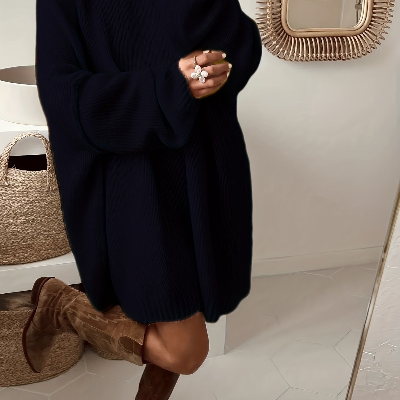 Plus Size, Dames Turquoise Blauwe Oversized Middellange Trui - Elegante Ronde Hals Winterjas Jurkachtige Tuniek, Zachte Warme Sweater Vest voor Casual & Formele Kleding, Handwasbare Herfst- en Winterkleding (Zonder Patroon), Winterjurken voor Vrouwen, Her