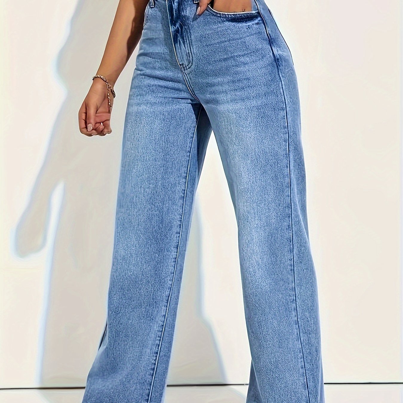 Stijlvolle Lichtblauwe Stretch Rechte Jeans voor Dames - Middelhoge Taille, Schuine Zakken, Comfortabele Pasvorm