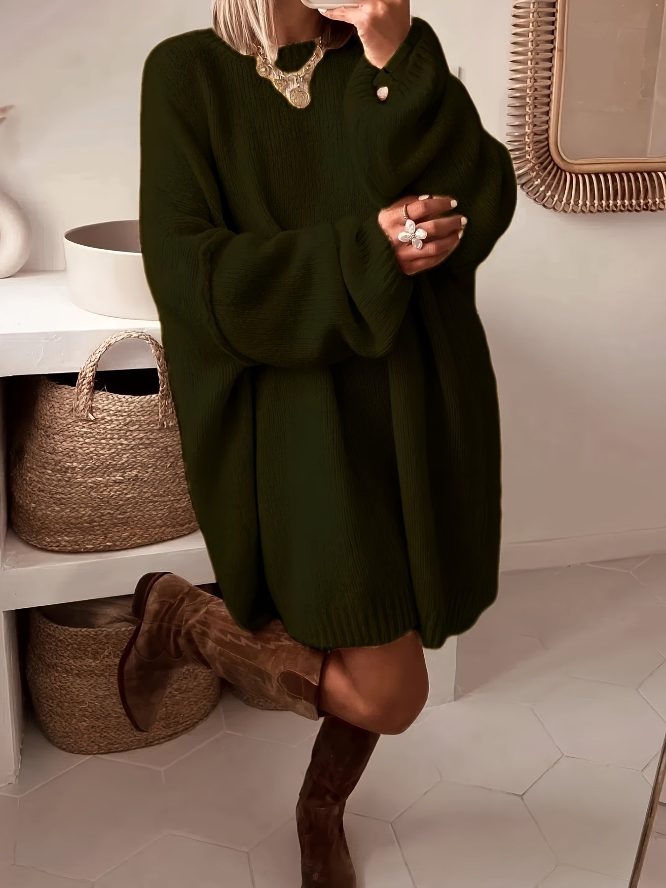 Plus Size, Dames Turquoise Blauwe Oversized Middellange Trui - Elegante Ronde Hals Winterjas Jurkachtige Tuniek, Zachte Warme Sweater Vest voor Casual & Formele Kleding, Handwasbare Herfst- en Winterkleding (Zonder Patroon), Winterjurken voor Vrouwen, Her