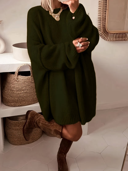 Plus Size, Dames Turquoise Blauwe Oversized Middellange Trui - Elegante Ronde Hals Winterjas Jurkachtige Tuniek, Zachte Warme Sweater Vest voor Casual & Formele Kleding, Handwasbare Herfst- en Winterkleding (Zonder Patroon), Winterjurken voor Vrouwen, Her