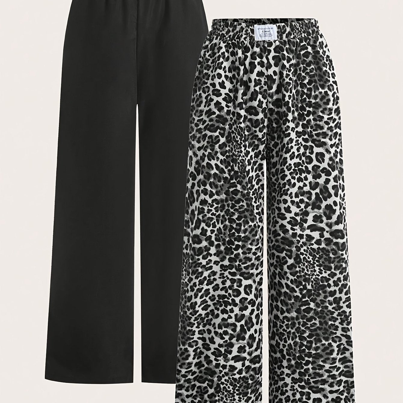 2 paar dames wide leg broeken - Zwart & Luipaardprint broeken, All-Season casual broeken met elastische tailleband, Non-stretch stof voor dagelijkse & formele outfits, veelzijdige kleding, stijlvolle broeken, fashionistas