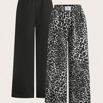 2 paar dames wide leg broeken - Zwart & Luipaardprint broeken, All-Season casual broeken met elastische tailleband, Non-stretch stof voor dagelijkse & formele outfits, veelzijdige kleding, stijlvolle broeken, fashionistas