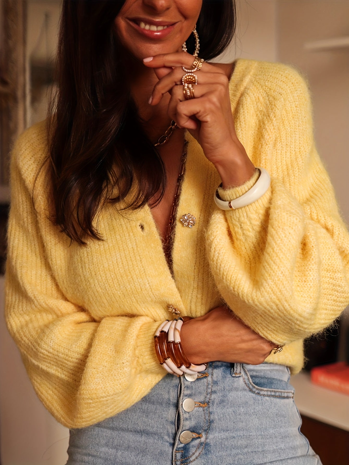 Dames Elegante Beige & Goudkleurig Diamantknoop Blazer Trui Jas - Lange Mouwen Ronde Hals, Hoog Elastisch Seizoenjas voor Casual en Formele Kleding, Wasmachinebestendig (Kantoor, Bruiloft, Feest), Herfstkleding voor Vrouwen, Herfstkleding voor Vrouwen, Da