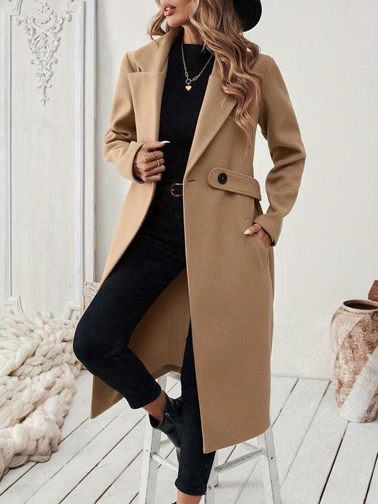 Vrouwen Elegante Lange Zwarte Tweed Jas met Verstelbare Riem - H-Silhouet Asymmetrische Zoom, Machinewasbaar Winter Trenchcoat voor Herfst & Winter, Kantoor tot Avond Veelzijdige Buitenkleding, Notch Revers Ontwerp