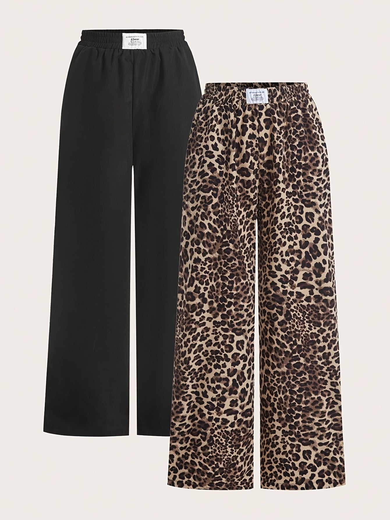 2 paar dames wide leg broeken - Zwart & Luipaardprint broeken, All-Season casual broeken met elastische tailleband, Non-stretch stof voor dagelijkse & formele outfits, veelzijdige kleding, stijlvolle broeken, fashionistas