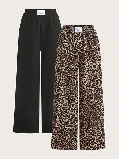 2 paar dames wide leg broeken - Zwart & Luipaardprint broeken, All-Season casual broeken met elastische tailleband, Non-stretch stof voor dagelijkse & formele outfits, veelzijdige kleding, stijlvolle broeken, fashionistas