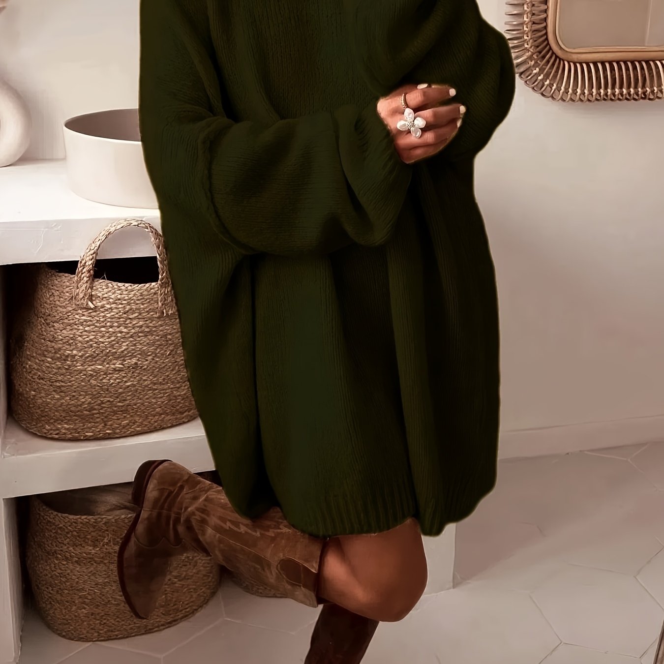 Plus Size, Dames Turquoise Blauwe Oversized Middellange Trui - Elegante Ronde Hals Winterjas Jurkachtige Tuniek, Zachte Warme Sweater Vest voor Casual & Formele Kleding, Handwasbare Herfst- en Winterkleding (Zonder Patroon), Winterjurken voor Vrouwen, Her