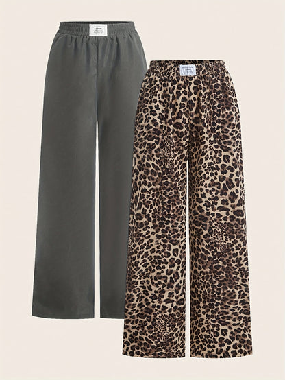 2 paar dames wide leg broeken - Zwart & Luipaardprint broeken, All-Season casual broeken met elastische tailleband, Non-stretch stof voor dagelijkse & formele outfits, veelzijdige kleding, stijlvolle broeken, fashionistas