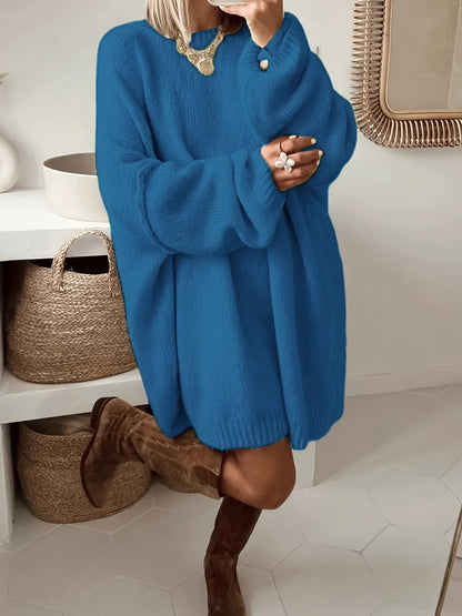 Plus Size, Dames Turquoise Blauwe Oversized Middellange Trui - Elegante Ronde Hals Winterjas Jurkachtige Tuniek, Zachte Warme Sweater Vest voor Casual & Formele Kleding, Handwasbare Herfst- en Winterkleding (Zonder Patroon), Winterjurken voor Vrouwen, Her