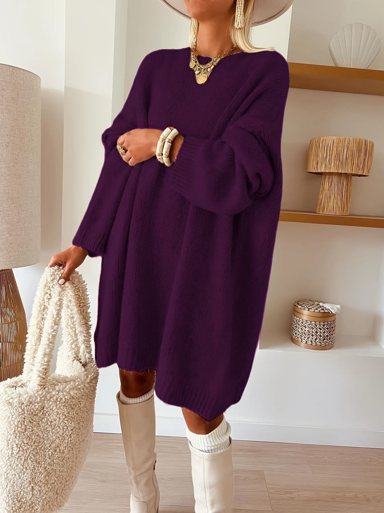 Plus Size, Dames Turquoise Blauwe Oversized Middellange Trui - Elegante Ronde Hals Winterjas Jurkachtige Tuniek, Zachte Warme Sweater Vest voor Casual & Formele Kleding, Handwasbare Herfst- en Winterkleding (Zonder Patroon), Winterjurken voor Vrouwen, Her