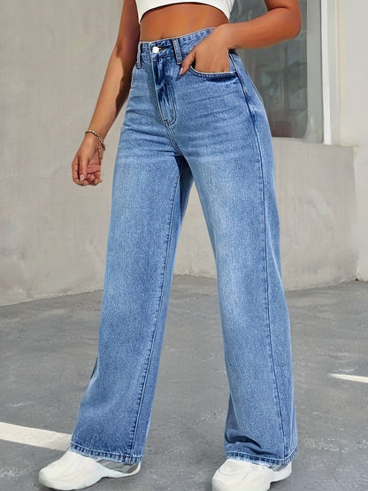 Stijlvolle Lichtblauwe Stretch Rechte Jeans voor Dames - Middelhoge Taille, Schuine Zakken, Comfortabele Pasvorm