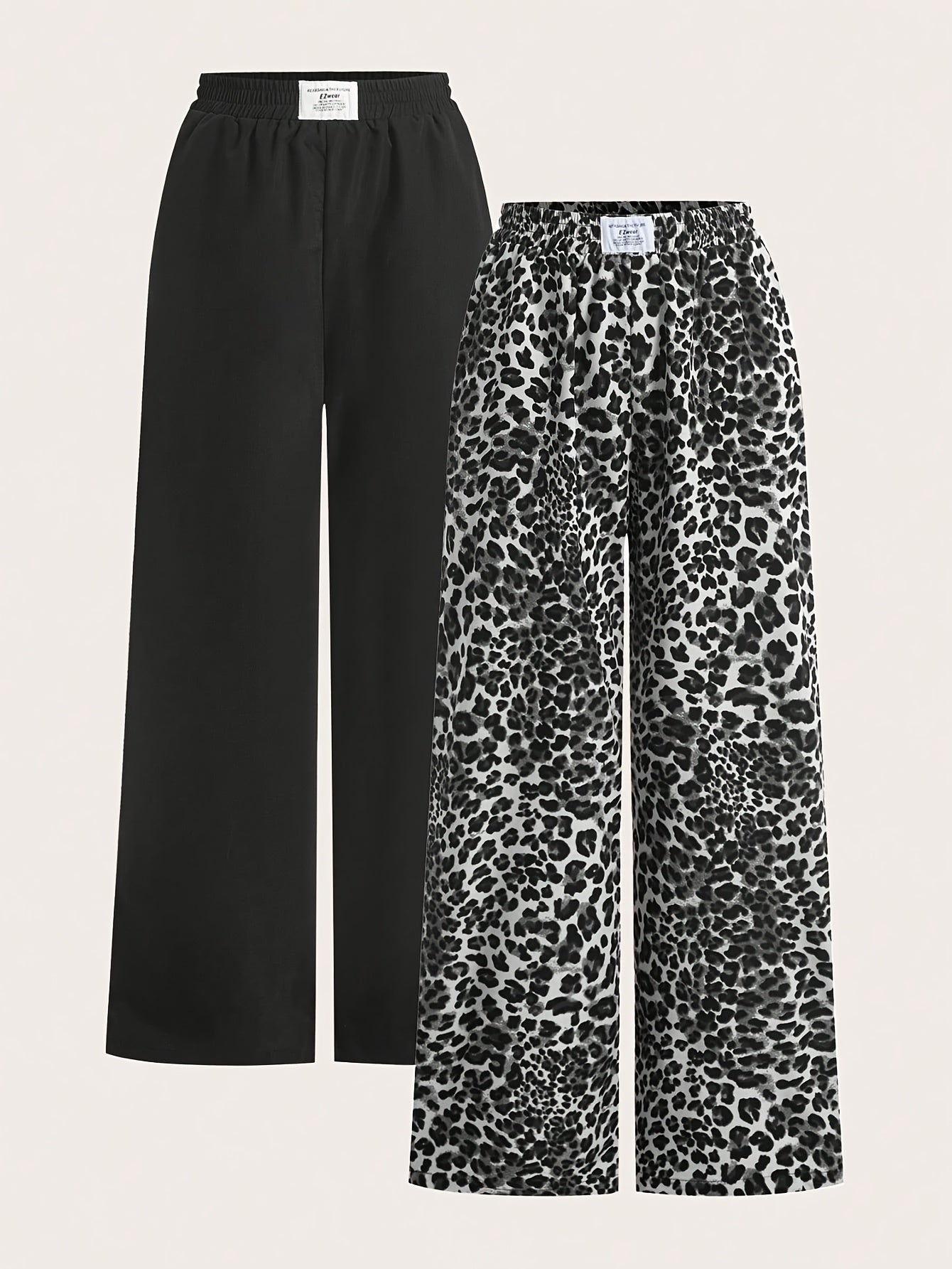 2 paar dames wide leg broeken - Zwart & Luipaardprint broeken, All-Season casual broeken met elastische tailleband, Non-stretch stof voor dagelijkse & formele outfits, veelzijdige kleding, stijlvolle broeken, fashionistas