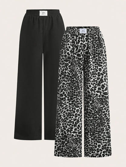 2 paar dames wide leg broeken - Zwart & Luipaardprint broeken, All-Season casual broeken met elastische tailleband, Non-stretch stof voor dagelijkse & formele outfits, veelzijdige kleding, stijlvolle broeken, fashionistas