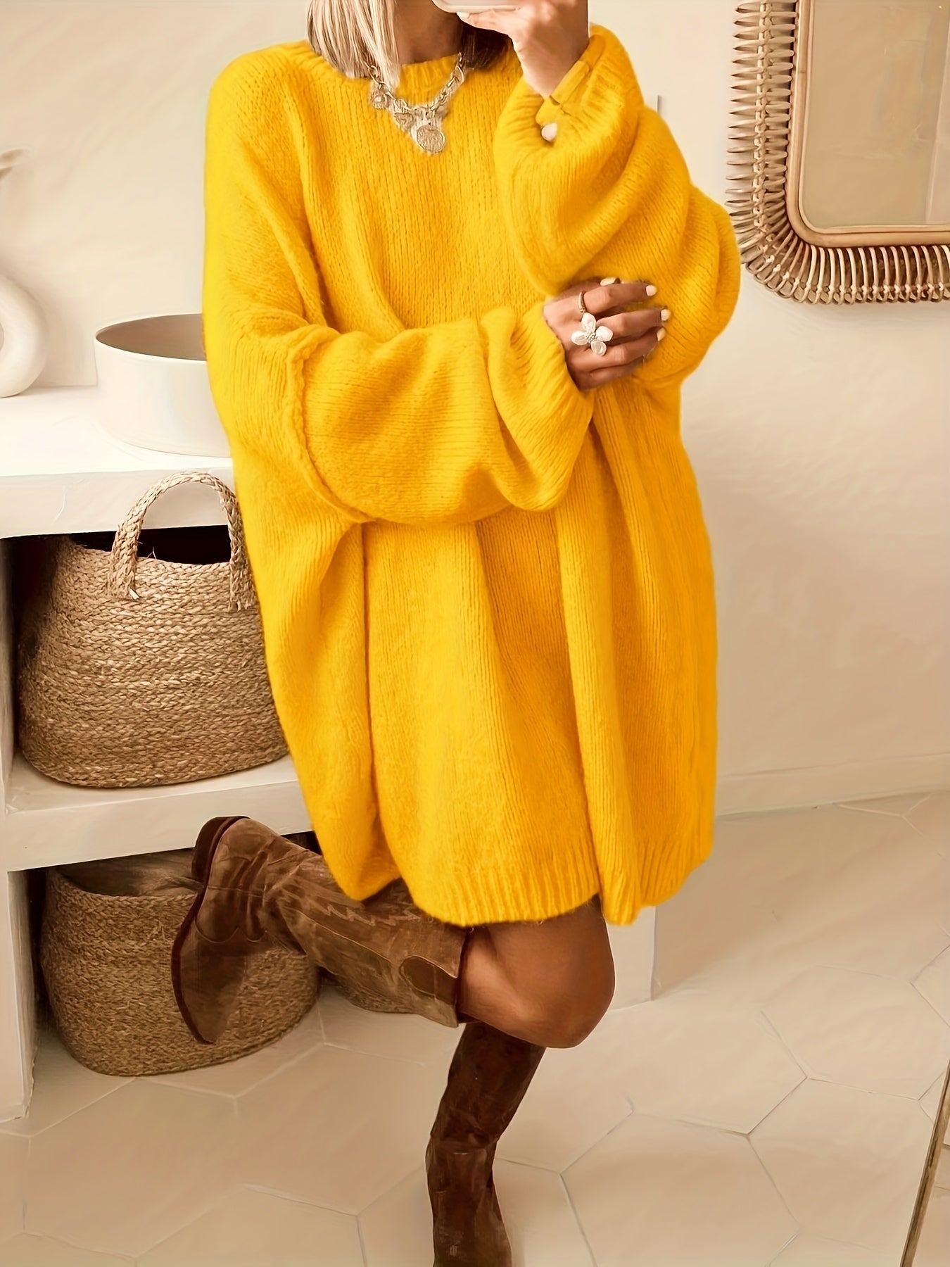 Plus Size, Dames Turquoise Blauwe Oversized Middellange Trui - Elegante Ronde Hals Winterjas Jurkachtige Tuniek, Zachte Warme Sweater Vest voor Casual & Formele Kleding, Handwasbare Herfst- en Winterkleding (Zonder Patroon), Winterjurken voor Vrouwen, Her