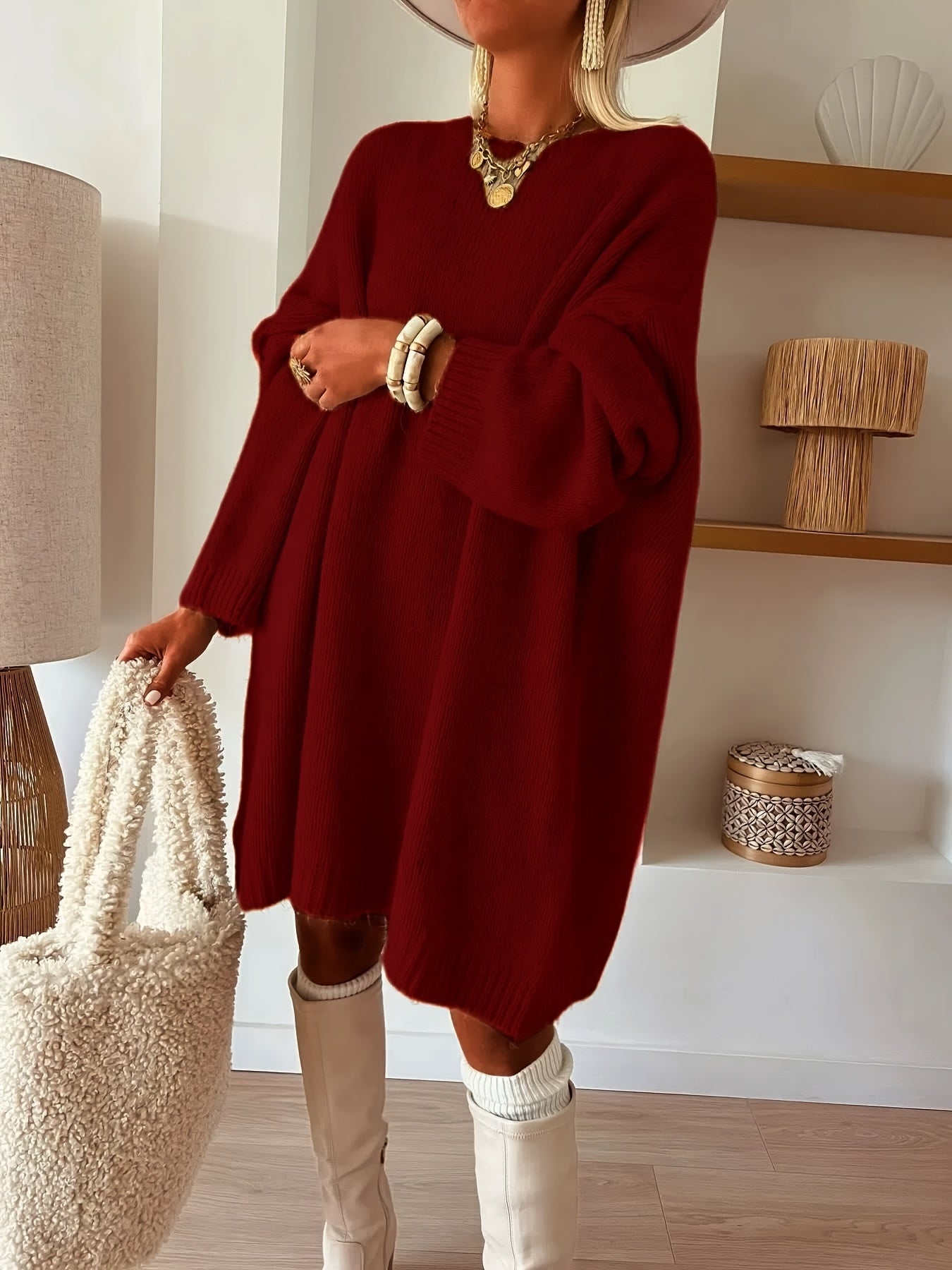 Plus Size, Dames Turquoise Blauwe Oversized Middellange Trui - Elegante Ronde Hals Winterjas Jurkachtige Tuniek, Zachte Warme Sweater Vest voor Casual & Formele Kleding, Handwasbare Herfst- en Winterkleding (Zonder Patroon), Winterjurken voor Vrouwen, Her