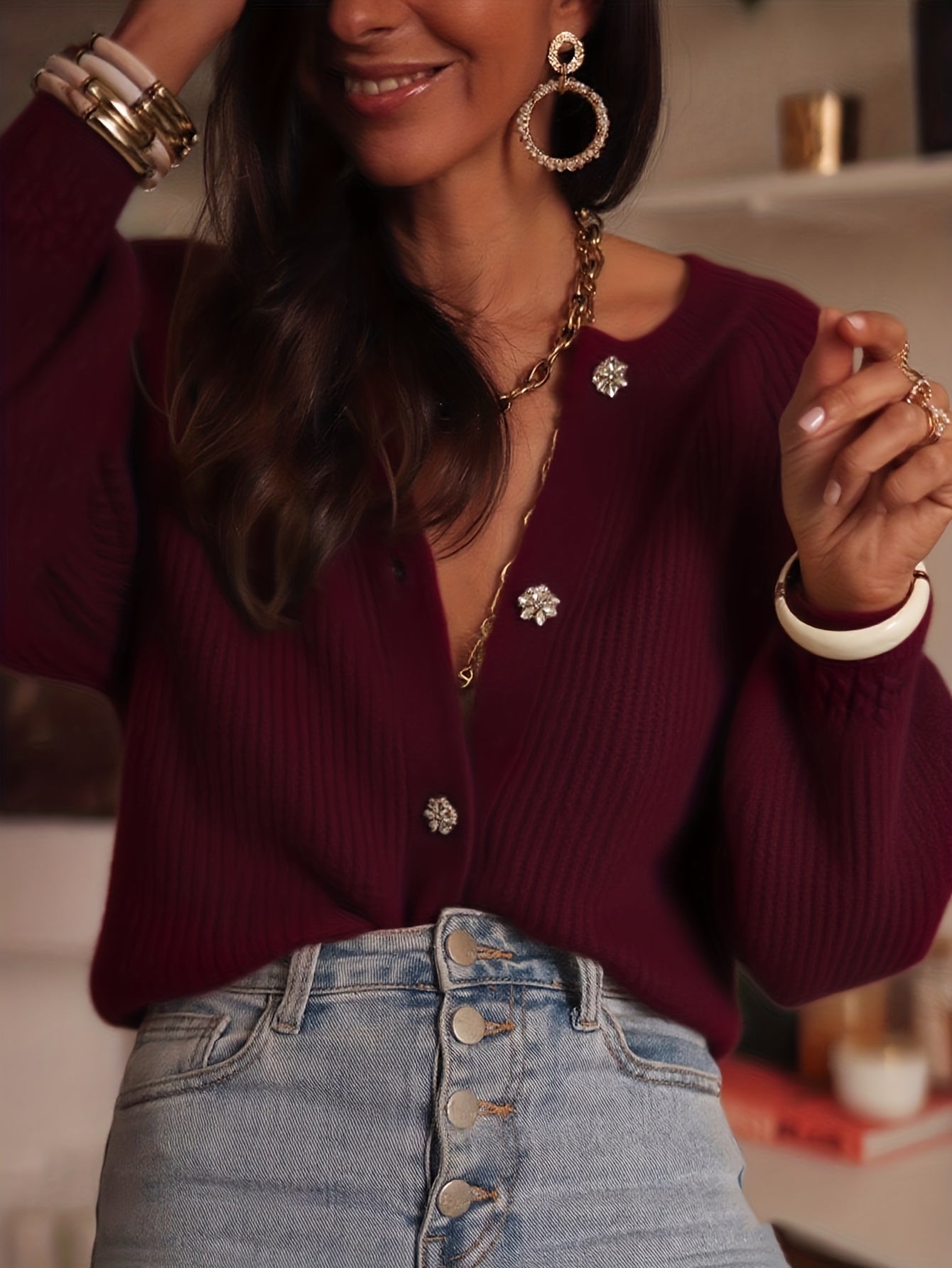 Dames Elegante Beige & Goudkleurig Diamantknoop Blazer Trui Jas - Lange Mouwen Ronde Hals, Hoog Elastisch Seizoenjas voor Casual en Formele Kleding, Wasmachinebestendig (Kantoor, Bruiloft, Feest), Herfstkleding voor Vrouwen, Herfstkleding voor Vrouwen, Da