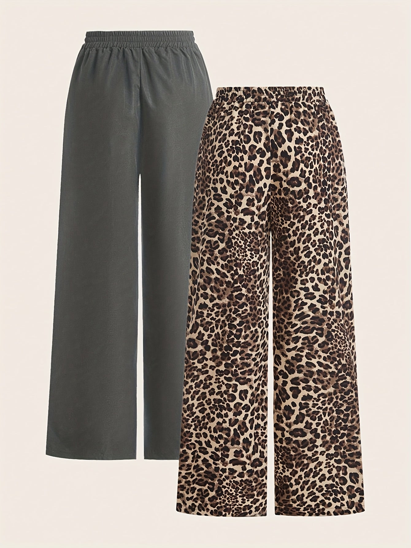 2 paar dames wide leg broeken - Zwart & Luipaardprint broeken, All-Season casual broeken met elastische tailleband, Non-stretch stof voor dagelijkse & formele outfits, veelzijdige kleding, stijlvolle broeken, fashionistas