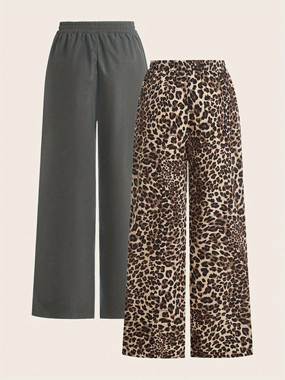 2 paar dames wide leg broeken - Zwart & Luipaardprint broeken, All-Season casual broeken met elastische tailleband, Non-stretch stof voor dagelijkse & formele outfits, veelzijdige kleding, stijlvolle broeken, fashionistas